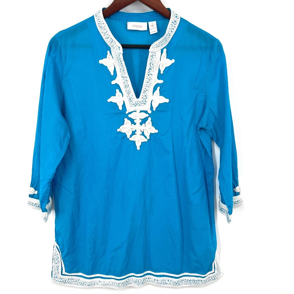 Chico’s Size 1 or Medium Blue with White Sequined Shirt Top 3/4 Sleeve